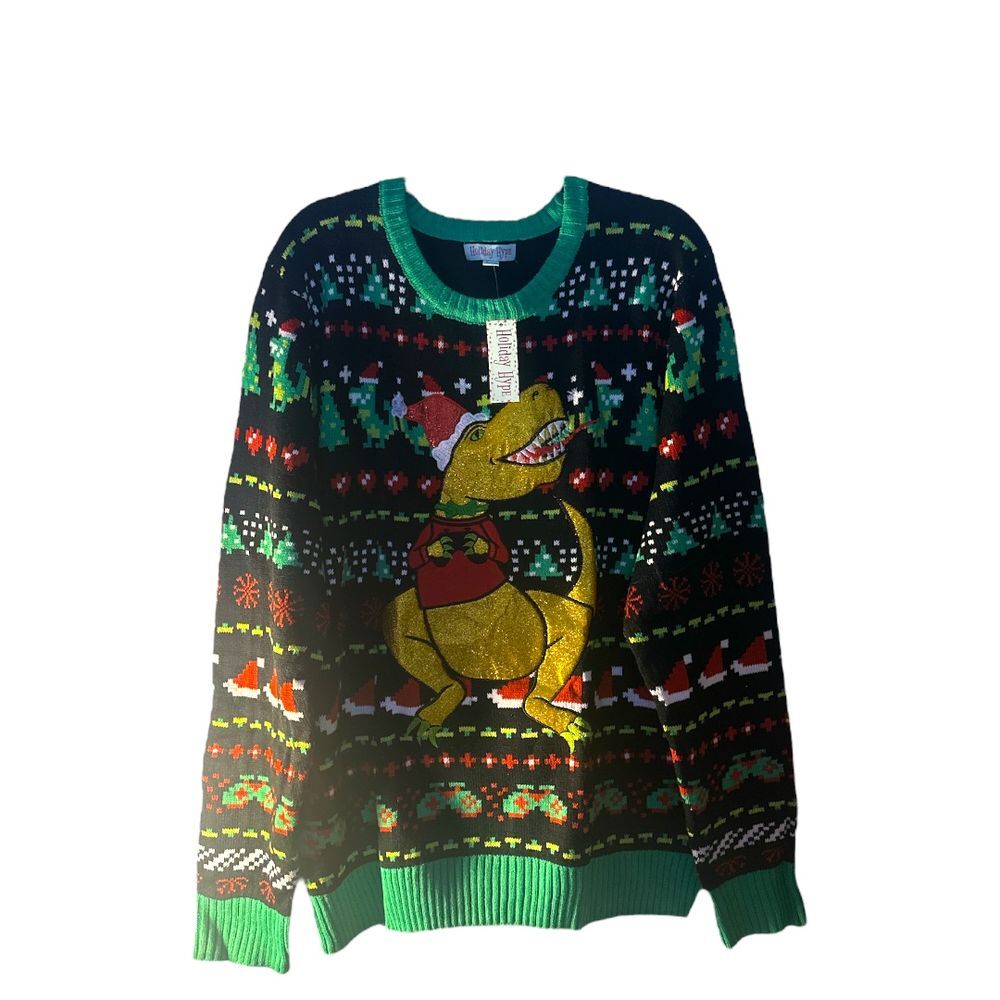 Holiday T-Rex Dinosaur Christmas Ugly Sweater Glitter Festive Holiday‎ Party XXL